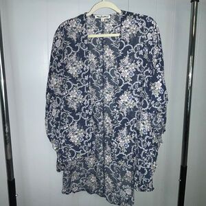 Wallflower blue floral kimono swim coverup duster M waterfall front semi sheer